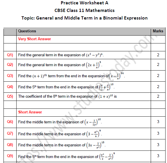 Cbse Class 11 Maths General And Middle Term In A Binomial Expression Worksheet Set A 5390